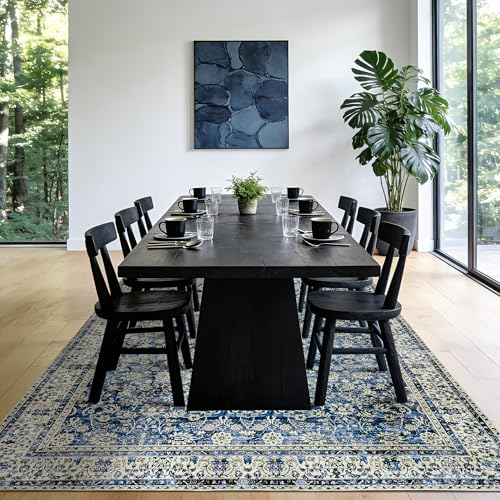 Blue Area Rugs 5x7 Vintage Boho Flower Distressed Low Pile Rug with Rubber Backing Dark Blue Non Slip Stain Resistant 5x7 Washable Rug for Living Room Bedroom Dining Room Carpet for Under Table - color: Blue, size: 5' x 7' (Rectangular)
