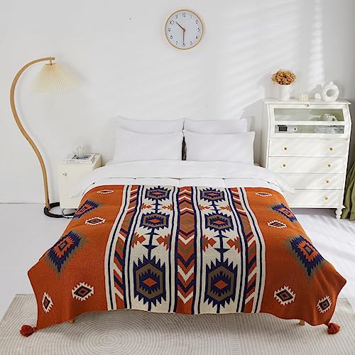 AIVIA Southwestern Chair Throw Blankets, Acrylic Knitted Southwest Tribal Bed Couch Sofa Blanket, Native American 2025 Ideal for Mom Dad Women Grandma Wife Daughter Sister - color: Rusted Brown Navy White, size: 60”x80”