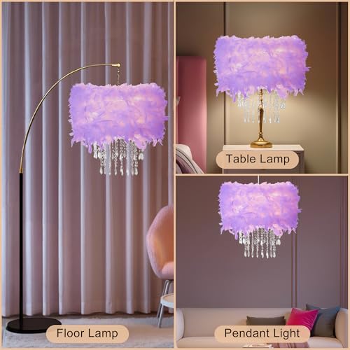 Feather Lamp Shade with Acrylic Beads Droplets, Fluffy Lampshade for Pendant, Table, Floor & Wall Lighting, Girl Bedroom Decor, ID 15.7inch, OD 19.7inch, Purple - color: Purple, size: 19.7 inches