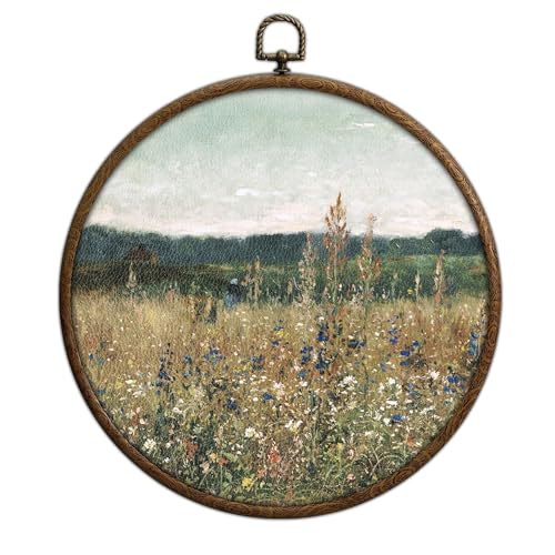 Wildflower Round Wall Art Decor, Floral Field Landscape Circular Wall Art, Vintage Round Boho Home Decoration, Circular Hanging Decor with Hooks for Living Room Bedroom Kitchen Office Decoration, 18 - color: Vintage17