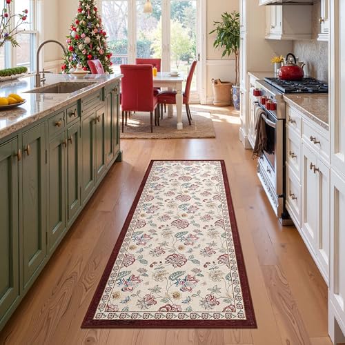 jinchan Elora 3x8 Floral Runner Rug for Hallway Washable Kitchen Runner Vintage Romance Design Non Slip Thin Indoor Floor Cover Low-Profile Throw Carpet for Entryway Bathroom Bedroom Porch, Red/Beige - color: Bloom Red/Beige, size: 3' x 8' (Light Weight)