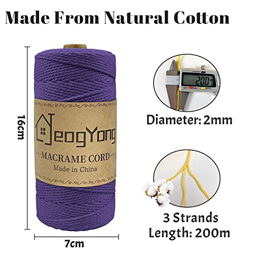 JeogYong Macrame Cord 2mm x 218 Yards, 3-Strand Twisted Natural Cotton Rope, Cotton String Coloured Craft Cord for Plant Hanger Wall Hanging Knitting Crafts, Dark Purple Color - color: Dark Purple