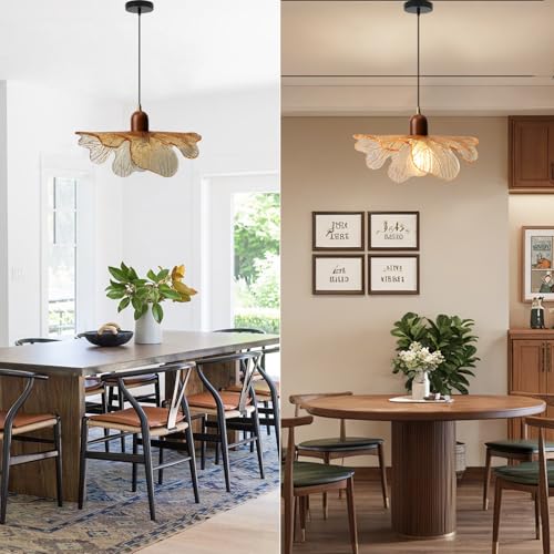 Amber Glass Pendant Light Vintage Kitchen Island Over Hanging Lights 13-inch Glass Shade Natural Wood Chandelier for Living Room Dining Room Bedroom, 1-Light - color: Amber, 1 Light