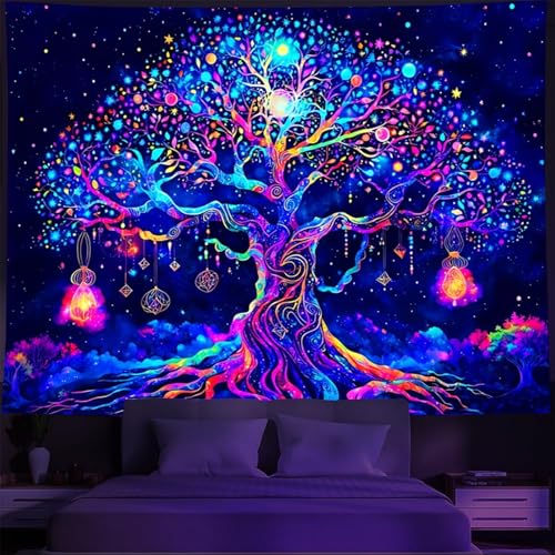 TUGCAY Blacklight Tree of Life Tapestry UV Reactive Tree Tapestries Nature Galaxy Space Tapestry Colorful Starry Sky Wall Hanging Decor for Bedroom (60" X 80") - size: 80"L x 60"W