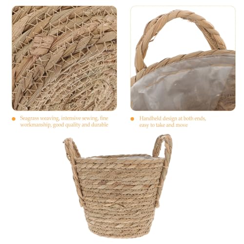 SHOWERORO Boho Seagrass Basket Planter with Handle 20cm Diameter Indoor Flower Pot for Succulent Plants Home Decor Retro Straw Woven Planter for Living Room