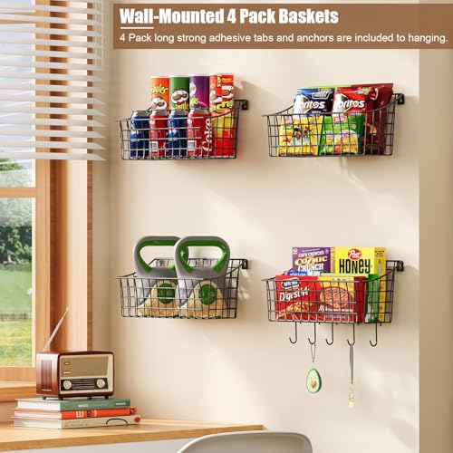 Sonyabecca 4 Pack Hanging Wall Basket for Organizing, Large Wire Basket for Storage Pantry with 5 S Hook+4 Adhesive Hook, Wall Mounted Shelf for Kitchen Bathroom - size: 13"L x 6.3"W x 6.02"H-4Pack