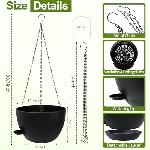 WOUSIWER Self Watering Hanging Planters, 2 Pack 12'' Plastic Pots with Drainage Holes & Reservoir Tray (Black) | Indoor & Outdoor Use for Ferns, Ivy, Herbs, Succulents - color: Black, size: 2 Pack 12 inches