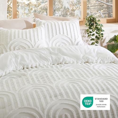 Bedsure Boho Tufted White Comforter Set Queen Size, GentleSoft™ 3 Pieces Boho Farmhouse-Style Decor Bedding, Arch Bedding for All Seasons, 1 Bed Comforter, 2 Pillow Shams, 90x90 Inches - color: 02 - Arch Jacquard White, size: Queen (90" x 90")