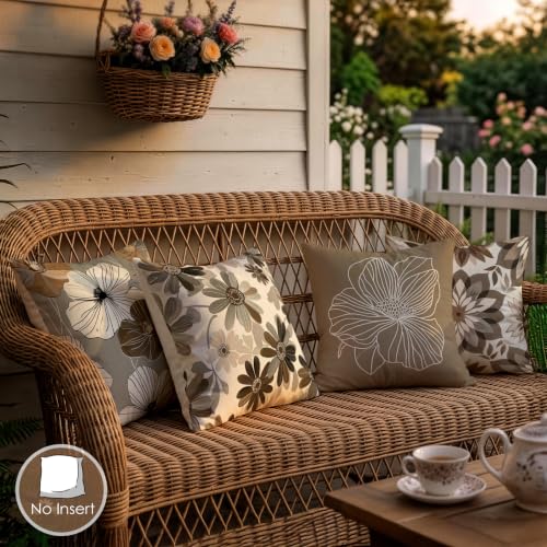 OBSEDE Neutral Boho Floral Throw Pillow Covers 18x18 Set of 4, Farmhouse Decor for Home Couch Sofa Living Room, Rustic Floral Decorative Cushion Cases - color: Neutral Boho Floral