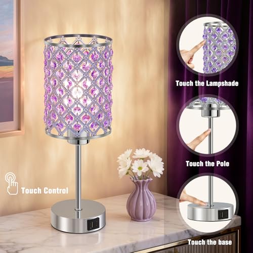 GyroVu Purple Crystal Table Lamp with USB C+A Ports, Dimmable Touch Control Bedside Lamp with LED Bulb, Small Night Light for Bedroom, Living Room, Girls Room, Office - color: Purple-1, size: 14.75"
