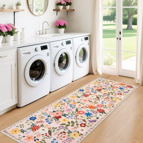 Runner Rug for Entryway: 2x6 Kitchen Rugs Non Slip Washable Ultra-Thin Soft Floral Carpet Indoor Floor Stain Resistant Carpets for Hallway Bedroom Kitchen Laundry Bathroom Dorm Beige - color: Beige, size: 2' x 6' (Runner)