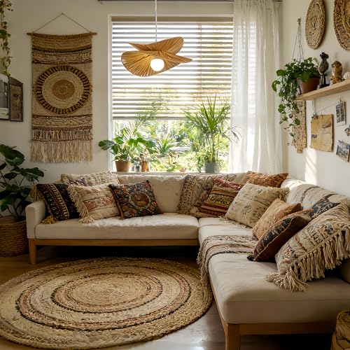 Rustic Woven Pendant Light, 19.7" Coastal Rattan Lampshade Hanging Lighting Fixture, Vintage Farmhouse Chandelier for Kitchen Island, Dining Table Room