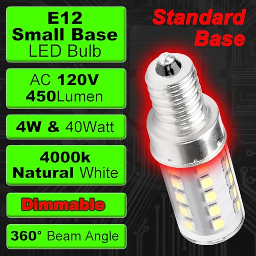 E12 LED Bulb Dimmable Equivalent 25W-40W 4000K Natural White Candelabra Base AC120V 450lm 4W T6 C7 E12 Candle Small Base for Ceiling Fan Chandelier Pendant Lighting Salt Lamp Wall Sconce, 4 Pack - color: 4000k Natural White, size: 4 Watt-Dimmable-4 Pack