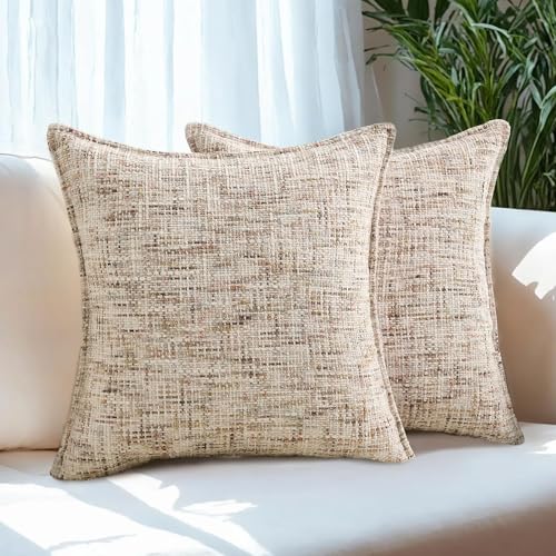 HAUSSY 2 Pack Pillow Covers 18x18 Inch, Reversible Chenille Decorative Throw Pillows Farmhouse Neutral Cushion Covers Home Decor Soft Pillowcases for Couch Living Room Sofa Bed (Beige Brown & Pink) - color: Beige Brown, size: 18" x 18" (Pack of 2)