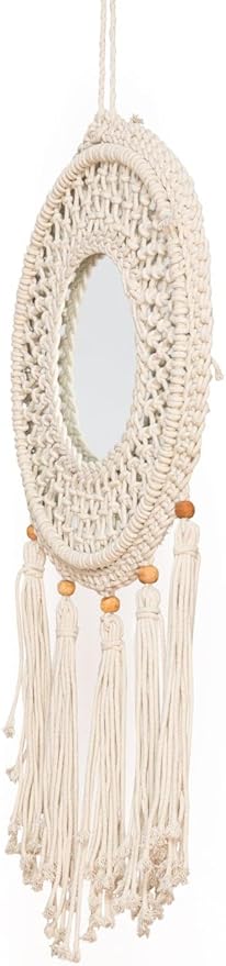 Concepts 17x29 Inch Macrame Boho Wall Hanging Round Mirror with Tassels Decorative Bohemian Mirror Decor Natural Cotton Handwoven Mirror with Wood Beads for Entryway or Bedroom