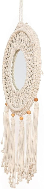 Concepts 17x29 Inch Macrame Boho Wall Hanging Round Mirror with Tassels Decorative Bohemian Mirror Decor Natural Cotton Handwoven Mirror with Wood Beads for Entryway or Bedroom