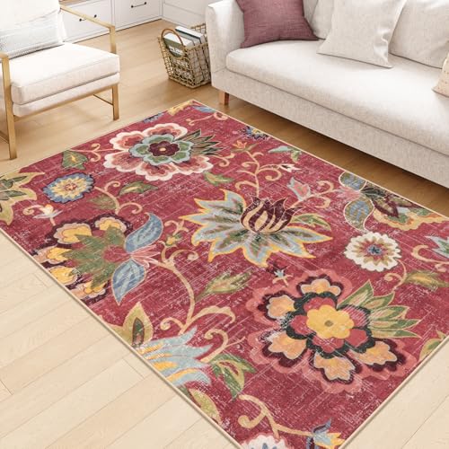 Beeiva Floral 5x7 Red Area Rugs, Washable Rug for Living Room Lightweight Paisley Print Vintage Ultra Thin Large Burgundy Non Slip Carpet for Bedroom Dining Room Christmas Decor - color: Red, size: 5' x 7' (Rectangular)