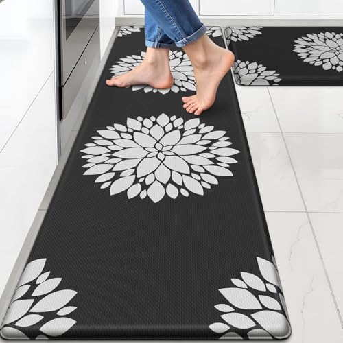 Kitchen Mats for Floor [2PCS], Soft Anti Fatigue Kitchen Rugs for Home, Water Resistant Cushioned Standing Desk Mats, Non-slip Comfort Mat for Floor, Kitchen, Office, Sink, Laundry, Black - color: Black, size: 17.3" x 59" + 17.3" x 30"