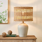 Maxax Farmhouse Ceramic Table Lamp for Living Room, 21" Boho Rattan Bedside Lamp with Woven Rattan Shade, 3-Way Dimmable Coastal Bedroom Lamp for Nightstand Office House - color: Light Gray