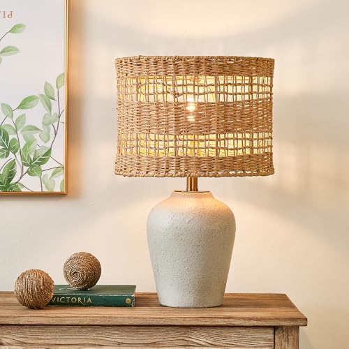 Maxax Farmhouse Ceramic Table Lamp for Living Room, 21" Boho Rattan Bedside Lamp with Woven Rattan Shade, 3-Way Dimmable Coastal Bedroom Lamp for Nightstand Office House - color: Light Gray