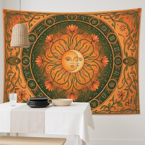 Water Lily and Sun Orange Green Tapestry, Floral Mandala Bohemian Decorative Wall Hanging, Aesthetic Tapestries for Living Room, Bedroom, Meditation 90x70 Inch - size: 90x70 Inch