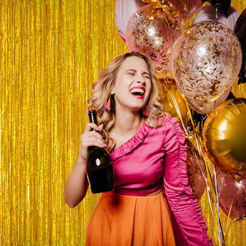 2 Pack 3.2ft x 8.2ft Gold Metallic Foil Curtains, Big Laser Glitter Fringe Rain Curtain Photo Booth Backdrop Tinsel Curtain Streamer for Birthday Wedding Graduations Christmas Event Party Supplies - color: Gold