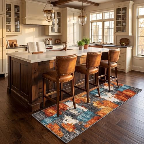 2x6 Area Rug for Living Room,Modern Abstract Burnt Orange Rug,Terracotta and Teal Brushstroke,Washable Rug,Non Slip, Hallway, Entryway, Bedroom Side, Kitchen Walkway - color: Burn Orange, size: 2' x 6' (Rectangular)