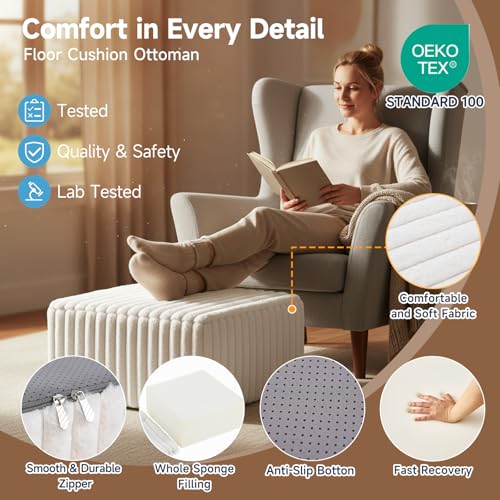 Tiita Suqre Stuffed Pouf Ottoman, Stripe Poufs 21×21×10 inch with Foam Chunk Filling, Floor Bean Bag Floor Chair Storage for Living Room Bedroom Home Decor, Beige - color: Striped Square Beige