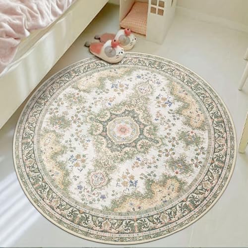 Green Round Rug 4ft,Circle Washable Area Rugs for Bedroom Bathroom Entryway,Small Boho Vintage Bohemian Distressed Oriental Floral Carpet Non Slip,Sage Floral - color: Rug11-green, size: 4'x4'