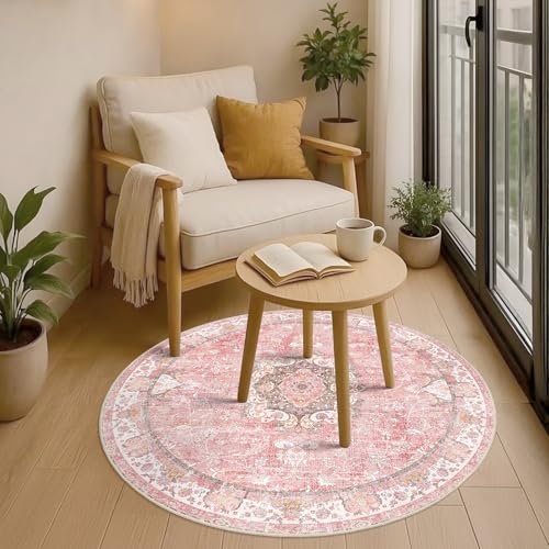 Pink Round Rug 4ft, Circle Washable Area Rugs for Bedroom Bathroom Entryway Kitchen, Small Boho Vintage Bohemian Distressed Oriental Floral Carpet Non Slip,Blush Floral Flowers - color: Pink, size: 4'x4'
