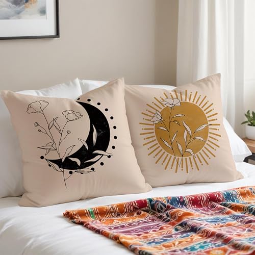 Boho Floral Plant Pillow Covers 18x18 Set of 2, Abstract Boho Throw Pillow Covers, Sun and Moon Decorative Pillow Covers for Couches and Sofas, Line Plant Pillow Cases, Sunshine Room Decor - color: Sunandmoon-04