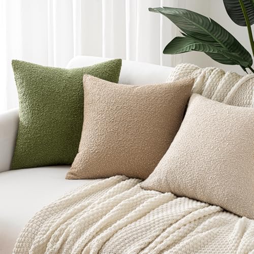 Pack of 2 18x18 Inch Decorative Boucle Throw Pillow Covers Textured Square Pillowcaes Accent Solid Cozy Soft Cushion Covers Home Decor for Sofa Couch Living Room Home Decor,Olive Green - color: Olive Green, size: 18" x 18" (Pack of 2)