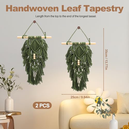 ASTIMESA 2 Packs Handmade Macrame Leaves Wall Hanging Decor, Vintage Woven Leaf Tapestry, Chic Boho Wall Art with Tassels Beads for Living Room Bedroom Home Green - color: Green