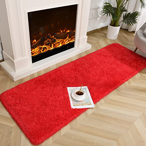Jelymark Super Soft Shaggy Rug for Bedroom, 2x6 Feet Fluffy Carpet for Living Room, Fuzzy Indoor Plush Area Rug for Home Decor, Furry Floor Rugs for Dorm, Kids Nursery Rug for Girls, Red - color: Red, size: 2' x 6' (Rectangular)