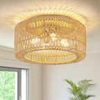 Rattan Light Fixtures Ceiling Mount,4-Lights Boho Flush Mount Ceiling Light with Hand-Woven Shade, 18''Rattan Farmhouse Chandelier for Hallway Bedroom Kitchen Farmhouse Foyer Entryway (Gold) - color: Gold, size: Large