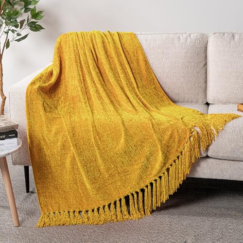 PAVILIA Mustard Yellow Blanket for Couch, Chenille Throw for Sofa Bed, Soft Knit Woven Gold Blanket with Decorative Tassel for Chair Living Room, Mustard Yellow 50x60 - color: Mustard Yellow, size: 50 X 60 Inches - Throw