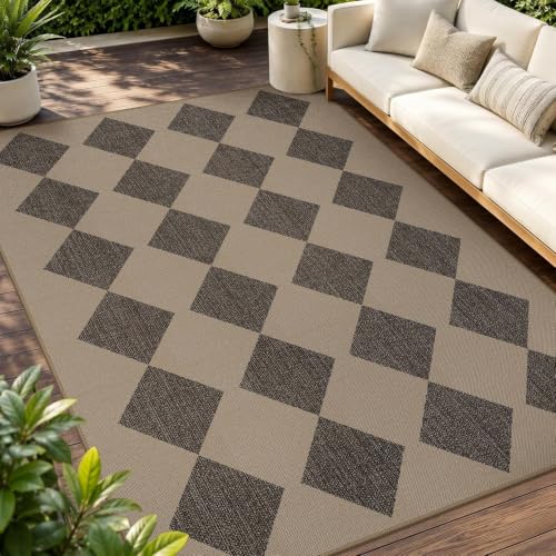 GENIMO Indoor Outdoor Area Rug 8'x10', Checkered Easy Jute Rug Machine Washable, Easy-Cleaning, Non Slip Geometric Diamond Outdoor Carpet for Patio, Living Room, Backyard, Porch, Deck, Balcony - color: Smooth Diamond, size: 8' x 10' (Rectangular)
