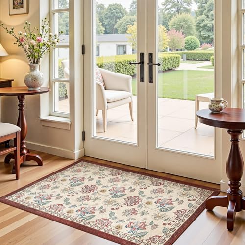 jinchan Elora 3x5 Floral Rug for Entryway Washable Kitchen Rug Vintage Romance Design Small Mat Non Slip Indoor Doormat Lightweight Low-Profile Throw Carpet for Bathroom Laundry Room, Red/Beige - color: Bloom Red/Beige, size: 3' x 5' (Light Weight)