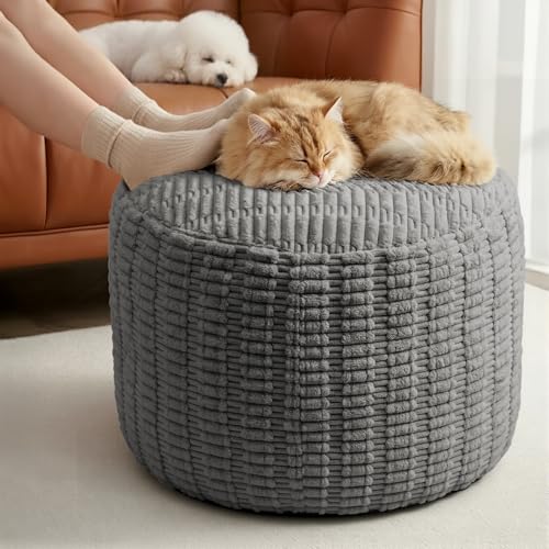 Round Pouf Ottoman Stuffed Corduroy Poufs Foot Rest with Foam Filling Fluffy Pouf Storage Foot Stools Ottoman Rest for Living Room Couch 20 X 15 Inches, Grey - color: Grey, size: 20"D x 20"W x 15"H