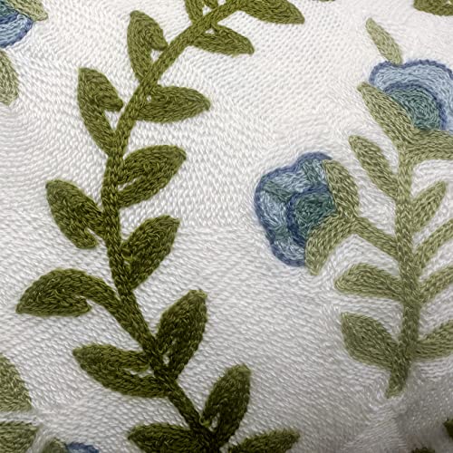 Alysheer Summer Floral Embroidered Decorative Throw Pillow Cover 12"x 20", Farmhouse Blue Flowers Green Leaves Patterned Cotton Canvas Lumbar Cushion Case for Sofa Couch Living Room Cottage Decor - color: Blue, size: 20" x 12" (Pack of 1)