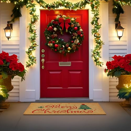 KANKUN Merry Christmas Coco Coir Door Mat with Xmas Tree, Heavy Duty Backing, Welcome Doormat (17" x 30"), Doormat Entrance (Christmas2 - Welcome) - color: Christmas2 - Welcome