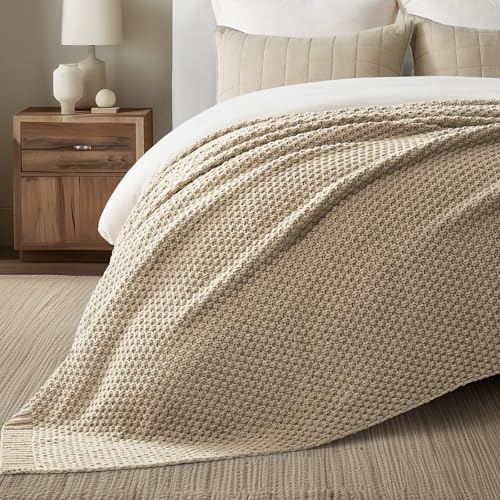 EVERGRACEHOME Chunky Chenille Knit Throw Blanket for Couch, Soft Luxurious Oversized Queen Moss Stitch Blanket for Bed, Cozy Farmhouse Knitted Throw for Sofa, Sand Dune, 90" x 90" - color: Sand Dune, size: 90" X 90"