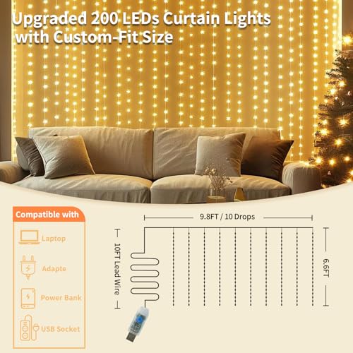 Fairy Curtain Lights, 200 LED Upgraded Tangle-Free Hanging Lights with Remote, USB Plug in String Lights for Bedroom Wall Window Wedding Party Xmas Home Décor - 9.8 x 6.6 Ft, Warm White - color: Warm White, size: 1-Pack - 10 Ft (W) x 6.6 Ft (L)