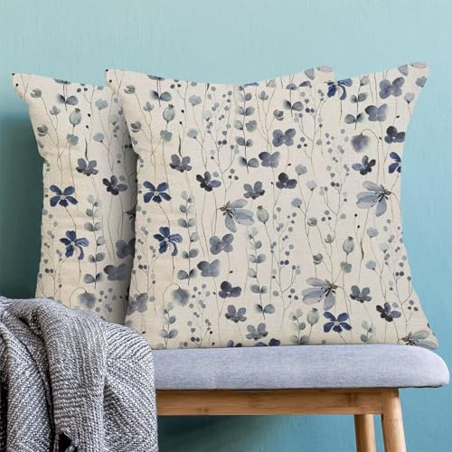 Spring Blue Floral Throw Pillow Covers 18x18 Set of 2, Flower Print Linen Decorative Pillow Covers Watercolor Branch Decoration Outdoor Cushion Cover Blue Floral Pillowcase for Sofa Couch Farmhouse - color: Spring Flower1, size: 18" x 18" (Pack of 2)