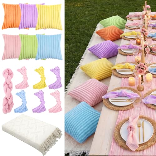 Beeveer 91 x 71 Extra Large Outdoor Boho Picnic Blanket with Pastel Table Runner, 6 Throw Pillow Covers 6 Napkins Woven Cotton Yarn Oversize Beach Blanket Washable Picnic Camp Wedding - color: Pastel