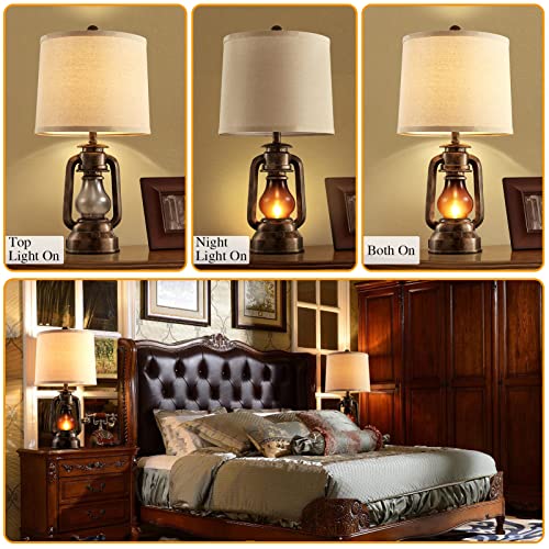 Farmhouse Lantern Table Lamps for Living Room Set of 2, Vintage Bedroom Resin Lamp with Dual USB Charging Ports, Rustic Retro Bedside Nightstand Desk Lamp, 4 Bulb Included - color: Bronze - 22'' Lantern Lamps