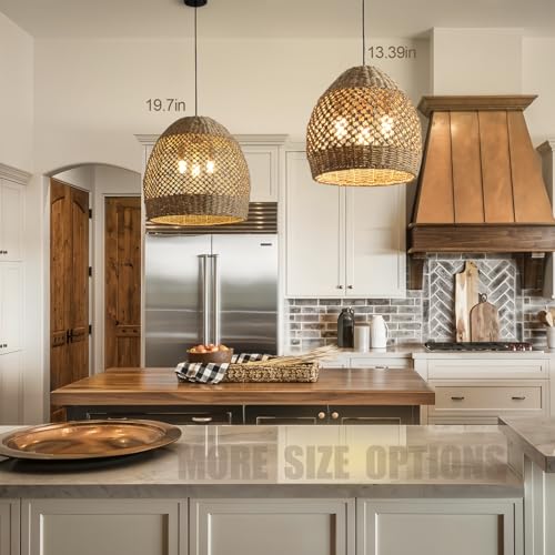 Rattan Pendant Light 13.39" Boho Coastal Hanging Wicker Hand-Woven Seagrass Chandelier for Kitchen Islands Farmhouse 3-Light - size: 3-Light 13.39 inch