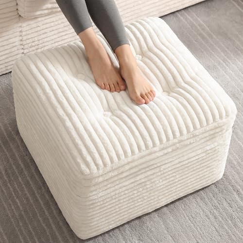 23.6in Pouf Ottoman, Corduroy Ottoman Foot Rest with Dual‑Layer Support, Large Poofy Pouf with Soft Chunk‑Foam Top & Firm Foam Base, Floor Foot Stool for Living Room, Beige - color: Beige
