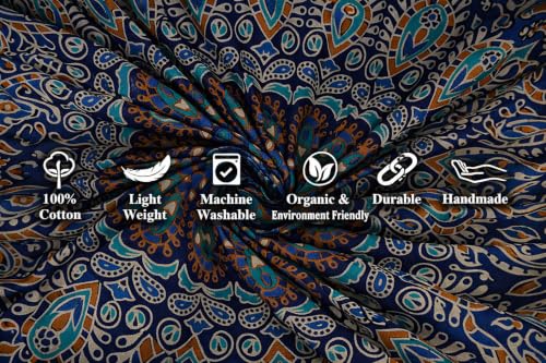 FURNISHFUL FINESSE Handmade Cotton Peacock Mandala Tapestry - Navy Blue & Green Ombre Boho Wall Decor, Bohemian Hippie Room Hanging for Bedroom & Living Room - 54x84 Inches - color: Navy Blue, size: 84"L x 54"W