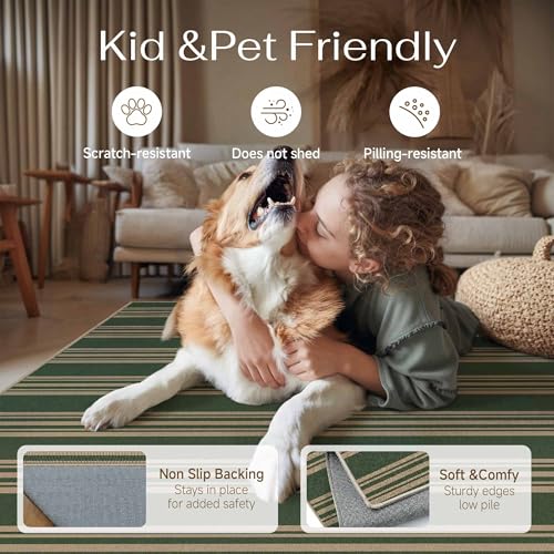 PureCozy Striped Easy Jute Rug 6x9 Green Living Room Carpet Washable Non Slip Bedroom Office Rug Farmhouse Neutral Non Shedding Indoor Outdoor Large Carpet for Kitchen Dining Room - color: Green/Striped, size: 6' x 9' (Rectangular)
